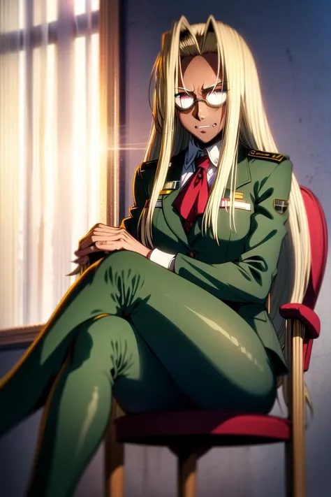 <lora:alucardserasintegra:0.6>, (integraHellsing:1.5), masterpiece, best quality, absurdres, 1girl, looking at viewer, sitting, indoors, chair, serious, military outfit, (dark green suit:1.2), pants, crossed arms, crossed legs