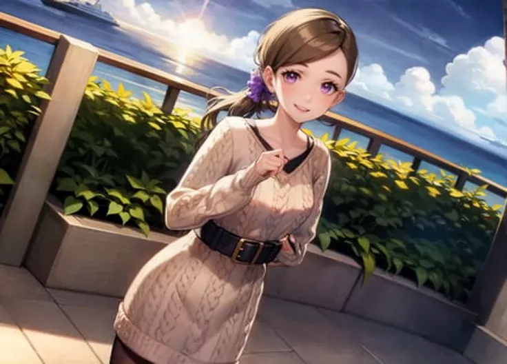 masterpiece, official art, dynamic angle, 1girl, outdoors cruise ship balcony ocean beautiful sunlight blue sky clouds, looking at viewer, purple eyes, smiling  <lora:akaneze-15:1>, akaneztd, long sleeves, beige sweater, collarbone, side ponytail, belt, pantyhose,