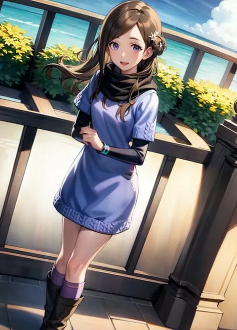 masterpiece, official art, dynamic angle, 1girl, outdoors cruise ship balcony ocean beautiful sunlight blue sky clouds, looking at viewer, smiling <lora:akaneze-15:1>, akaneze, dress, knee boots, long sleeves, layered sleeves, hair ornament, hair flower, scarf