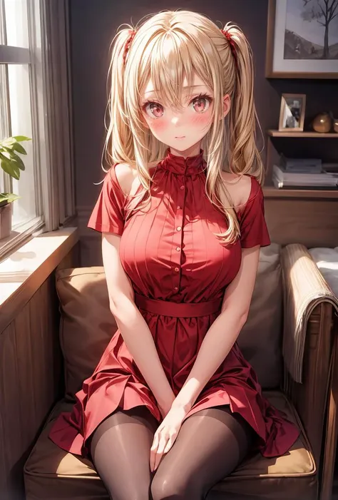 (masterpiece, best quality), 1girl, blonde hair, red dress, pantyhose, cute face, blush, <lora:add_detail:1>