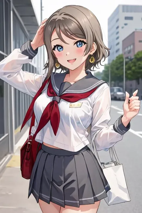 best quality, masterpiece, highres, solo, {watanabe_you_lovelivesunshine:1.15}, short_hair, blue_eyes, blush, brown_hair, smile, grey_hair, breasts, bangs, open_mouth, medium_breasts, 1girl, looking_at_viewer, school_uniform, serafuku, uranohoshi_school_uniform, short_sleeves, grey_skirt, shirt, skirt, pleated_skirt