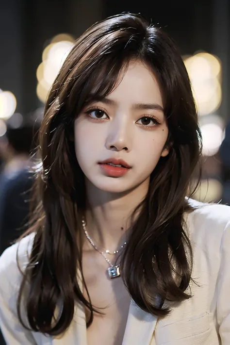 Best quality, masterpiece, ultra high res, (photorealistic:1.4), 1girl, solo, long hair, realistic, necklace, brown hair, brown eyes, parted lips, teeth, lips, looking at viewer, portrait, jewelry, tanned skin