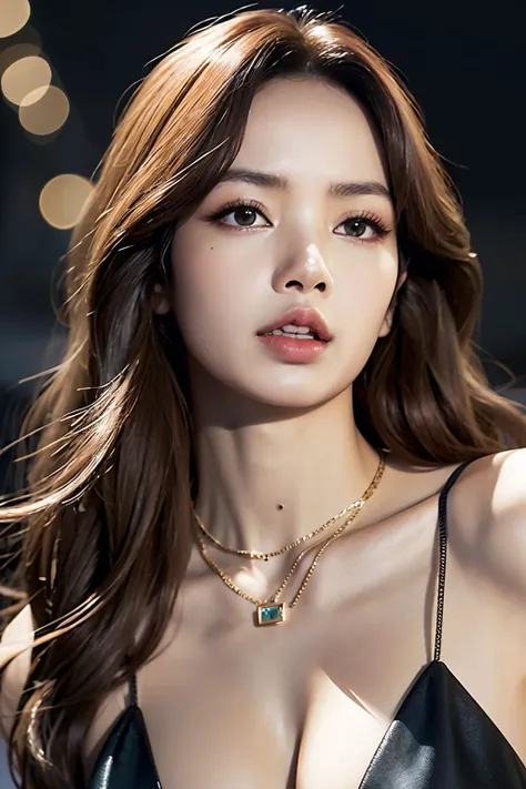 Best quality, masterpiece, ultra high res, (photorealistic:1.4), 1girl, solo, long hair, realistic, necklace, brown hair, brown eyes, parted lips, teeth, lips, looking at viewer, portrait, jewelry