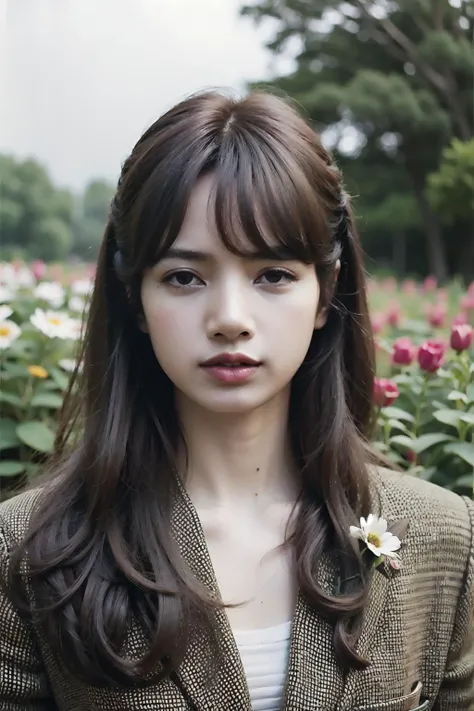 Best quality, masterpiece, ultra high res, (photorealistic:1.4), raw photo, 1girl, long hair, outdoor, portrait, looking at viewer,flowers on hair, flower garden, overcast