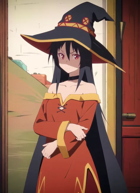 <lora:kakegurui_style_offset:1> kakegurui style, anime coloring, megumin, 1girl, bare shoulders, black hair, black cape, black gloves, blush, cape, choker, collarbone, dress, hair between eyes, hat, long sleeves, looking at viewer, medium hair, off-shoulder dress, off shoulder, red dress, red eyes, sidelocks, solo, witch hat, indoors, ((masterpiece))