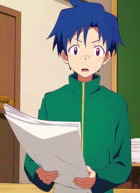 itaden <lora:itaden_offset:1.2>, masterpiece, best quality, solo, solo, male focus, glasses, 1boy, green hair, school uniform, looking at viewer, open mouth, paper, indoors, upper body
