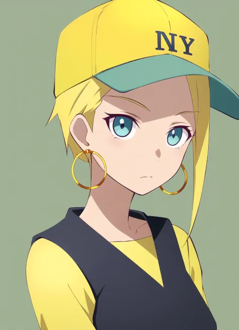 itaden <lora:itaden_offset:1>, masterpiece, best quality, 1girl, aqua eyes, baseball cap, blonde hair, closed mouth, earrings, green background, hat, hoop earrings, jewelry, looking at viewer, shirt, short hair, simple background, solo, upper body, yellow shirt