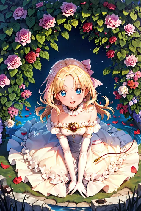 <lora:NADJA-13:0.8>, (Masterpiece, Best Quality:1.3), soft linear hatching, nadja, (faux traditional media), highres, official art, best illustration, (8k resolution), 1girl, solo, (pink dress, dress:1.2), frilled collar with pink bow, collared dress, cowboy shot:1.2, stylish, intricate, fantastic, fairytale, fantasy art, (detailed face), long hair, (blonde hair:1.3), parted bangs, sitting, (lovely eyes, detailed eyes:1.2), (looking at viewer, lipstick), depth of field, silhouette, perfect, makeup, lovely, (details:1.2), indoors, red rose, petals, ((pink hair bow)), (bare shoulders), brooch, jewelry, earrings, (puffy short sleeves, white gloves, elbow gloves:1.3), (frills:1.2), lace:0.5, layered dress, (frilled dress), various colors, sunset, cinematic, (Anime screen:1.1), (vivid, colorful, shiny:1.3), (diffuse smoke), stars, lumen global illumination, nature, overgrowth, vines, (background in the style of Beatrix Potter:1.3), water, ripples, marker \(medium\), soft, delicate features, retro artstyle, 1990s \(style\),
