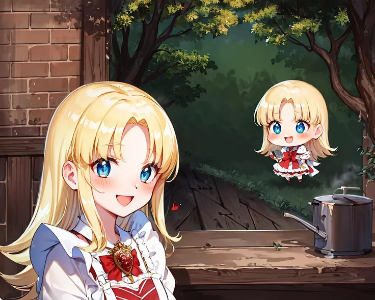 (Masterpiece, Best Quality:1.3), absurdres, official style, fantasy art, best illustration, outline, (thick lineart:1.4), (chibi:1.3), blush, (dynamic pose, dynamic angle:1.1), <lora:NADJA-13:0.7>, nadja, (ultra-detailed portrait), (8k resolution), upper body, 1girl, (solo), (looking at viewer), blonde hair, lips, :d, (parted bangs:1.2), (Detailed eyes, blue eyes:1.2), (perfect face, focus face), smile, frilled dress, red bow, white apron, argyle, heart brooch, holding, bow, jewelry, standing, (depth of field), sharp focus, (red argyle sleeves:1.3), perfect composition, dappled sunlight, tree, shaded face, fantasy setting, fairytale, cooking, food, steam, wood stove, brick chimney, german aesthetic, various colors, (details:1.2), colorful, shadow, scenery, graphite \(medium\), intricate, caustics, wide shot, extremely detailed background