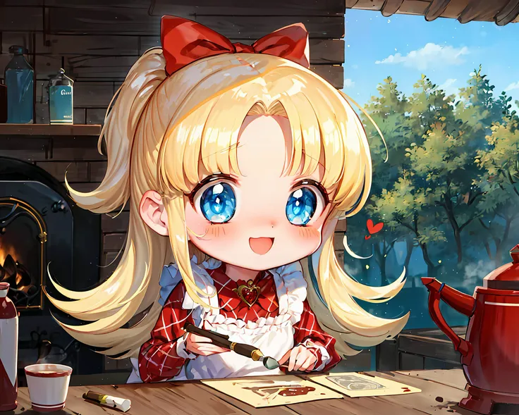 (Masterpiece, Best Quality:1.3), absurdres, official style, fantasy art, best illustration, outline, (thick lineart:1.4), (chibi:1.3), blush, (dynamic pose, dynamic angle:1.1), <lora:NADJA-13:0.7>, nadja, (ultra-detailed portrait), (8k resolution), upper body, 1girl, (solo), (looking at viewer), blonde hair, lips, :d, (parted bangs:1.2), (Detailed eyes, blue eyes:1.2), (perfect face, focus face), smile, frilled dress, red bow, white apron, argyle, heart brooch, holding, bow, jewelry, standing, (depth of field), sharp focus, (red argyle sleeves:1.3), perfect composition, dappled sunlight, tree, shaded face, fantasy setting, fairytale, cooking, food, steam, wood stove, brick chimney, german aesthetic, various colors, (details:1.2), colorful, shadow, scenery, graphite \(medium\), intricate, caustics, wide shot, extremely detailed background