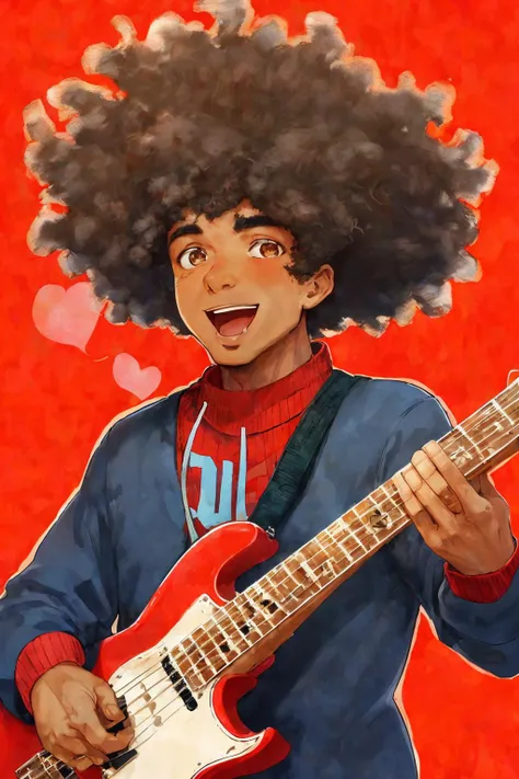 close-up photo portrait of a 45 yo african man, black afro hair, stubble, brown eyes, excited face expression, singing, red bass guitar, blue sweater, black bluesman, simple background