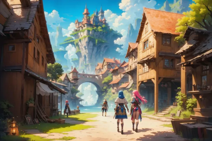 (masterpiece, best quality, highres, high resolution:1.2), extremely detailed, intricate details, jrpg game vilage landscape, rpg characters in the distance, nostalgic, vibrant colors, game art, <lora:Elixir:1.5>