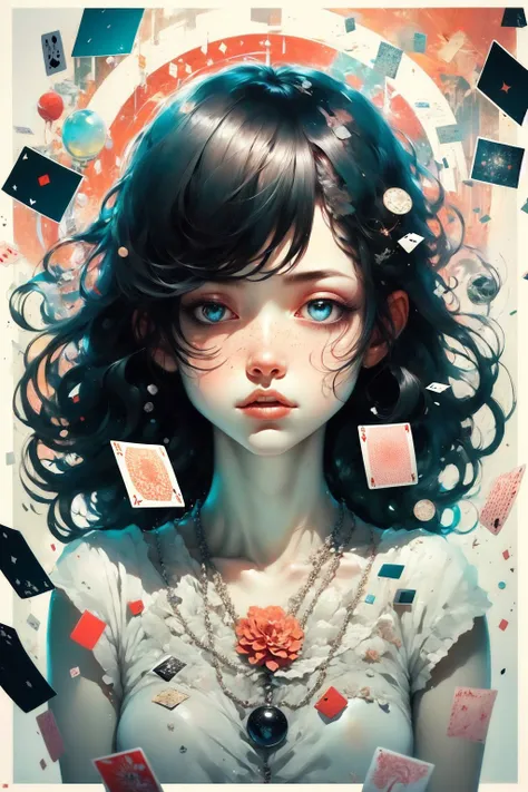 (masterpiece, best quality:1.2), abstract, (white theme:1.1), border, portrait, playing card, casino chips, club \(card\), solo, 1girl, expressionless, black hair