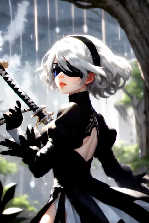 masterpiece, best quality, highres, hm2b, black blindfold, covered eyes, mole under mouth, clothing cutout, long sleeves, puffy sleeves, juliet sleeves, feather trim, black thighhighs, black gloves, black dress, black skirt, <lora:y2b_v2-1:0.7>, outdoor, ruins, from behind, (rain:1.2), wet, tree, holding katana, sword, upper body, blue eye <lora:add_detail:0.5>