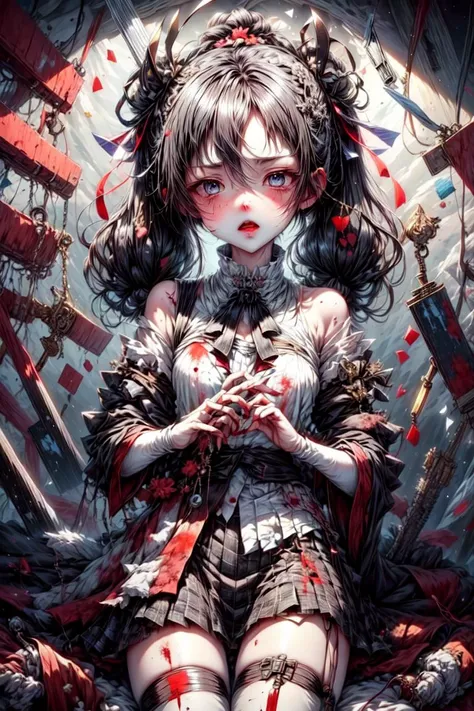 abuse, bad_end, bite_mark, black_eyes, black_hair, bleeding, blood, blood_from_eyes, blood_on_clothes, blood_on_face, blood_on_hands, blood_on_knife, blood_on_weapon, blood_splatter, blood_stain, bruise, bruise_on_face,cleaver, corpse, cuts, death, dirty_clothes, empty_eyes, guro, holding_knife, horror_\(theme\), impaled, injury, knife, paint_splatter, pool_of_blood, school_uniform, scratches, severed_head, severed_limb, short_hair, skirt, splatter, spot_color, stab, stain, twintails, weapon, yandere, <lora:beautifuleyeslikeness_halfBody:1>,<lora:more_details:1.0>