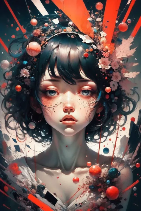 masterpiece, solo, 1girl, expressionless, black hair, abstract, (red theme:1.1)