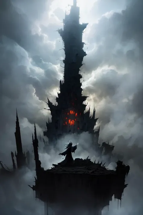 masterpiece, best quality, absurdres, perfect anatomy, medium close shot, 1girl, solo, black wizard robes, wizard, evil, arms outstretched, dynamic pose, dark, dungeon, ruins, ominous, shadows, low fog, dramatic camera angle