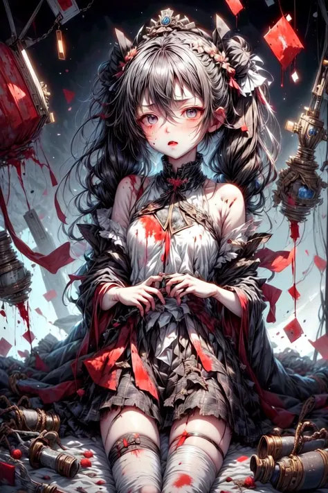 abuse, bad_end, bite_mark, black_eyes, black_hair, bleeding, blood, blood_from_eyes, blood_on_clothes, blood_on_face, blood_on_hands, blood_on_knife, blood_on_weapon, blood_splatter, blood_stain, bruise, bruise_on_face,cleaver, corpse, cuts, death, dirty_clothes, empty_eyes, guro, holding_knife, horror_\(theme\), impaled, injury, knife, paint_splatter, pool_of_blood, school_uniform, scratches, severed_head, severed_limb, short_hair, skirt, splatter, spot_color, stab, stain, twintails, weapon, yandere, <lora:beautifuleyeslikeness_halfBody:1>,<lora:more_details:1.0>