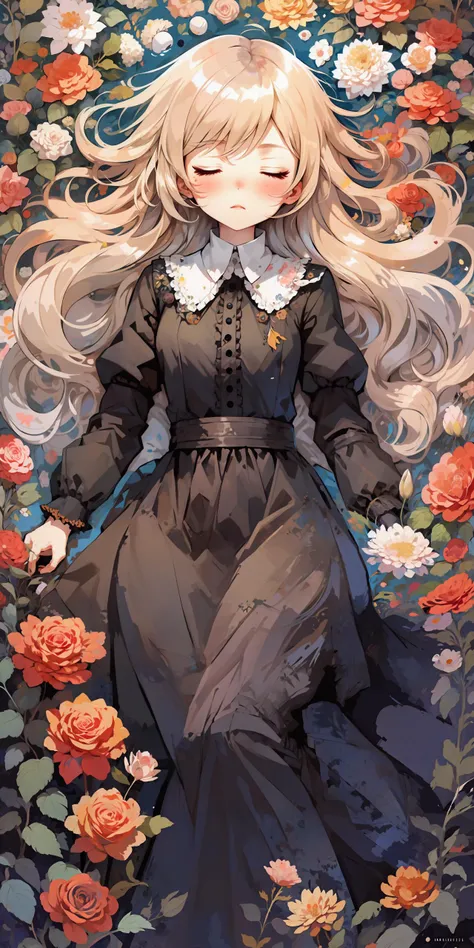 masterpiece, (best quality:1.5), 1girl, flowers, flat color, lineart, upper body, sleeping <lora:add_detail:0.4>