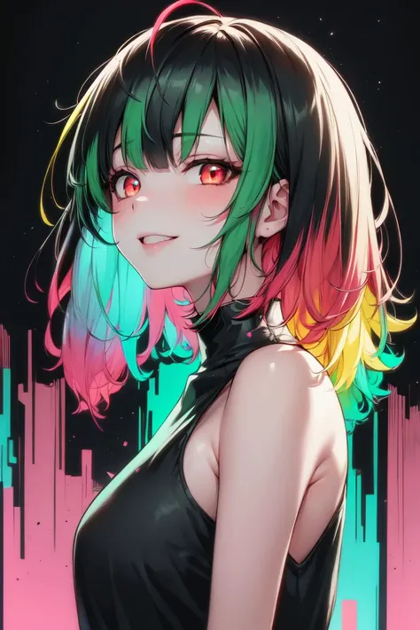 masterpiece, best quality, absurdres, perfect anatomy, 1girl, solo, (upper body), from side, sleeveless shirt, looking at viewer, bare shoulders, ((multicolored hair, colorful)), green, medium hair, shiny, glowing, (neon palette, multicolored eyes), smile