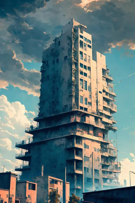 modern skyscraper towering over an old abandoned medieval town, sheds and taverns, storm clouds, urban setting