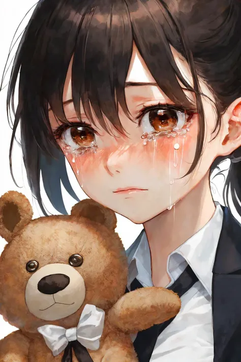 close-up photo portrait of a 30 yo asian woman, black ponytail, brown eyes, crying face expression, blush, shirt, tie, office lady, holding teddy bear, simple background