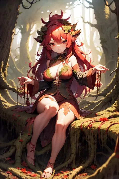 angry dryad in the forest. poison oak. highly detailed face, eyes. sitting in her tree. clothes made from leaves and bark.