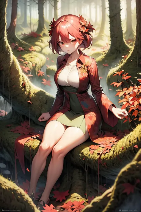 angry dryad in the forest. poison oak. highly detailed face, eyes. sitting in her tree. clothes made from leaves and bark.