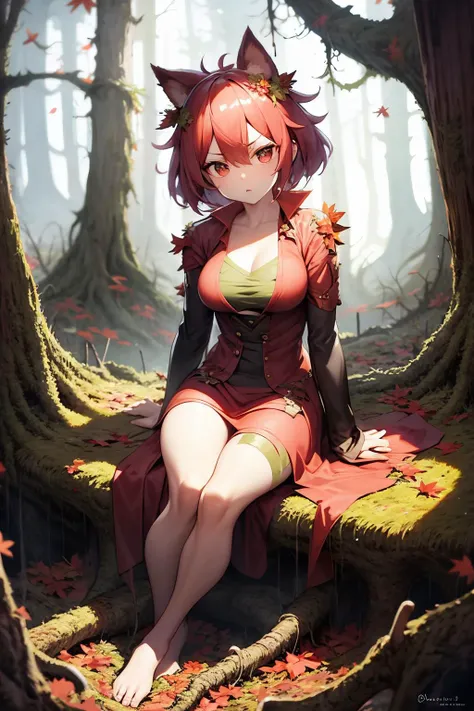 angry dryad in the forest. poison oak. highly detailed face, eyes. sitting in her tree. clothes made from leaves and bark.