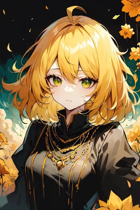 masterpiece, best quality, 1girl, yellow flowers, flat color, lineart, medium hair, yellow hair, ahoge, green eyes, emotionless, mid shot, looking at viewer, small breasts, intricate, red necklace