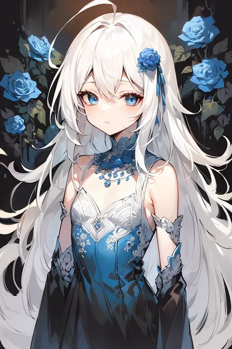 masterpiece, best quality, 1girl, blue flowers, flat color, lineart, very long hair, white hair, ahoge, blue eyes, petite, long one side up, emotionless, mid shot, looking at viewer, (flat chest:1.2), straight hair, intricate, half-closed eyes, blue necklace