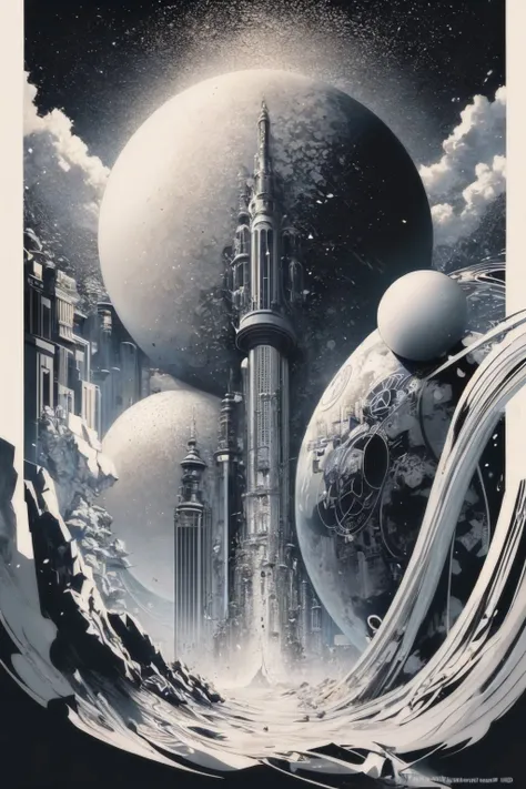 (masterpiece, best quality:1.2), lineart, abstract, skyscraper, orb