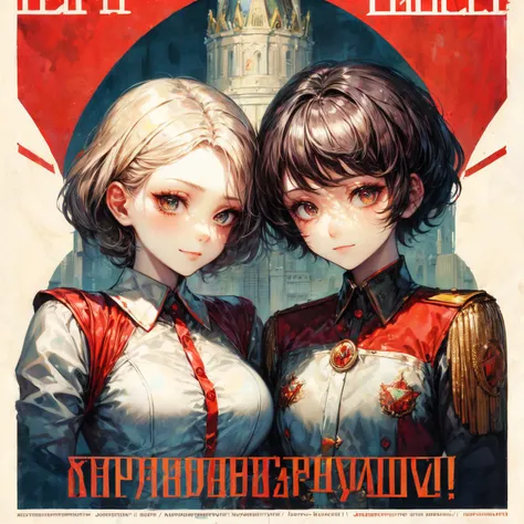 RAW photo, 8k uhd, Analog style, (Masterpiece, Best Quality, Highres:1.2), (dramatic, cinematic:0.2), (Soviet poster art:1.3), (russian (avant-garde:0.8) poster style, Soviet art style:1.2), (style of Alberto Vargas and Jon Whitcomb:1.1), BREAK,
(soviet poster, propaganda poster:1.2) art of blonde (curvy:1.2) (russian:1.2) (woman:1.2) and (muscular:1.1) redhead (man:1.3), (upper body:1.1), (standing:0.9) (holding hands:1.2), long (white shorts:1.2), (undershirt:1.2), (smile, frown:1.2), (military:0.4), (red Soviet flags:1.2), (title text:1.4), (Soviet Union, USSR, Moscow Kremlin:1.2), (heroic brave expression:1.2), (communistic:0.5) (proletariat:1.1), (hyperdetailed, absurdres:1.1), BREAK,
<lora:more_details:0.75>
