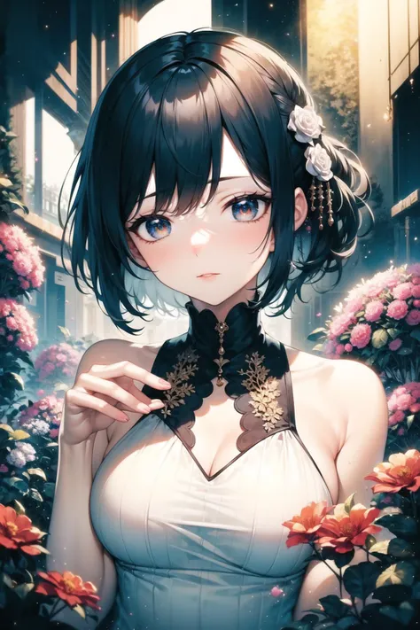 masterpiece, best quality, 1girl, flowers, black theme