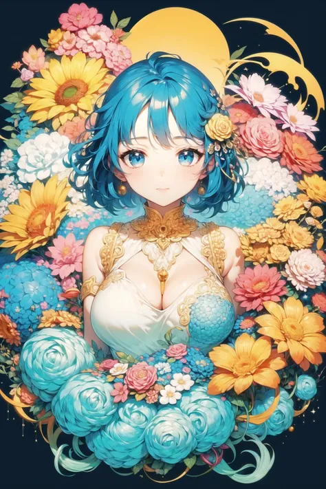 masterpiece, best quality, 1girl, flowers, lineart, abstract, ornate, blue theme