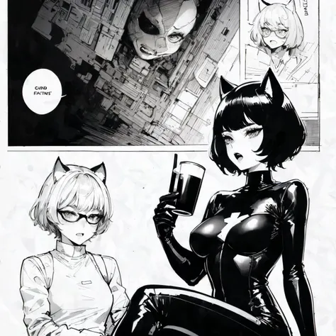 RAW photo, 8k uhd, Analog style, (Masterpiece, Best Quality, Highres:1.2), (dramatic, cinematic:0.2), (ink paint line art:1.15), (comic art:1.2), (style of Apollonia Saintclair:1.3) and (Guido Crepax:1.3), (vector art, thick lines, technical drawing:1.15), BREAK,
(Ñute:1.1) (catwoman:1.3), (upper body:1.2), (drinking juice:1.2), (holding cup:1.3), sitting on (roof:1.2), (catwoman black mask:1.4), (latex bodysuit:1.2), (crossed legs:1.2), (open mouth:1.2), (comic page style:1.1), (speech bubble:1.4), (vector art, line art, technical drawing, grayscale, DC comics sketch:1.3), (hyperdetailed:1.1), BREAK,