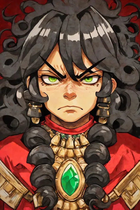 close-up photo portrait of a 60 yo samoan woman, black long curly hair, green eyes, angry face expression, chest red huge gem, necklace, chieftain, traditional, simple background