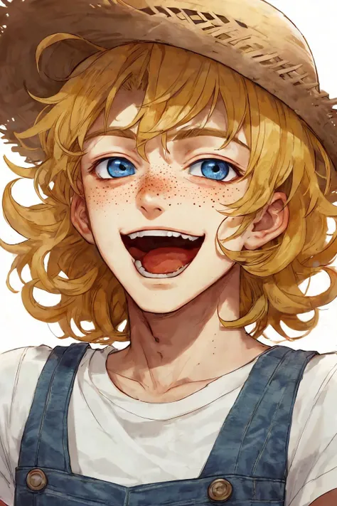 close-up photo portrait of a 20 yo european man, blond short curly hair, blue eyes, laughing face expression, freckles, denim overall, t-shirt, straw hat, farmer, simple background