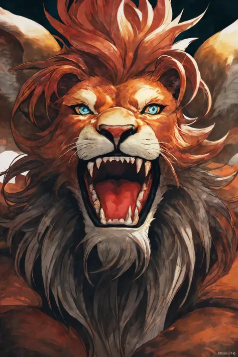 close-up photo portrait of a great red lion, blue eyes, very long lion's mane, roaring, open mouth, fangs, animal, no humans, simple background