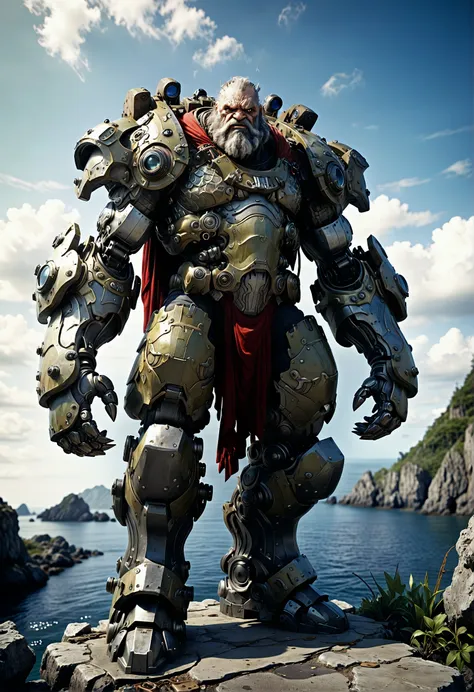 (fisheye camera view, fisheye lens:1.5)cinematic photo cinematic film still heavy mech, mech Armor, old bearded man, angry face, ready to fight, Leaning against a pillar or column, Amidst floating islands in the sky, Powered exoskeleton, detailed and functional, Heavy Mech Armor is worn by a rugged old bearded man with an angry expression on his face. He appears ready for battle. The armor is intricately designed and seems to have been crafted with great detail. This scene takes place amidst floating islands in the sky, which adds a sur . shallow depth of field, vignette, highly detailed, high budget, bokeh, cinemascope, moody, epic, gorgeous, film grain, grainy . 35mm photograph, film, bokeh, professional, 4k, highly detailed