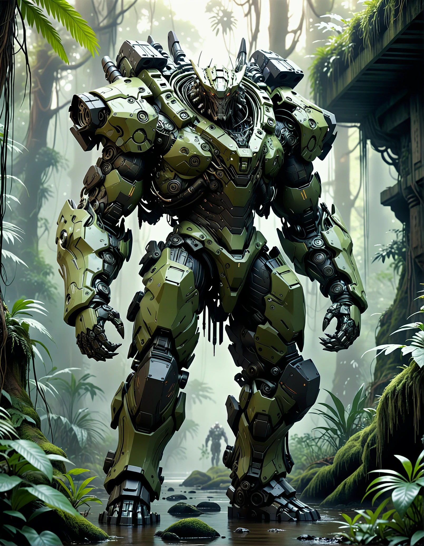 cinematic film still ethereal fantasy concept art of in a deep jungle, Power Armor, grizzeld man, exoskelelton, robot, futuristic, intricate details, Intricate details capture a futuristic scene where a grizzled man dons his advanced exoskeleton - a sleek, powerful armor known as Power Armor. The robot stands tall amidst a lush jungle, its metallic body contrasting with the surrounding greenery. The intr . magnificent, celestial, ethereal, painterly, epic, majestic, magical, fantasy art, cover art, dreamy . shallow depth of field, vignette, highly detailed, high budget, bokeh, cinemascope, moody, epic, gorgeous, film grain, grainy