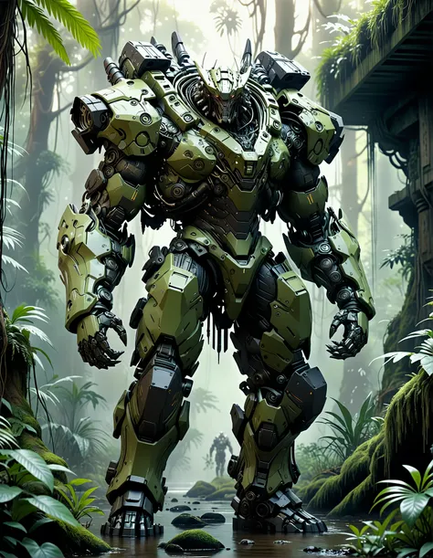 cinematic film still ethereal fantasy concept art of  in a deep jungle, Power Armor, grizzeld man, exoskelelton, robot, futuristic, intricate details, Intricate details capture a futuristic scene where a grizzled man dons his advanced exoskeleton - a sleek, powerful armor known as Power Armor. The robot stands tall amidst a lush jungle, its metallic body contrasting with the surrounding greenery. The intr . magnificent, celestial, ethereal, painterly, epic, majestic, magical, fantasy art, cover art, dreamy . shallow depth of field, vignette, highly detailed, high budget, bokeh, cinemascope, moody, epic, gorgeous, film grain, grainy