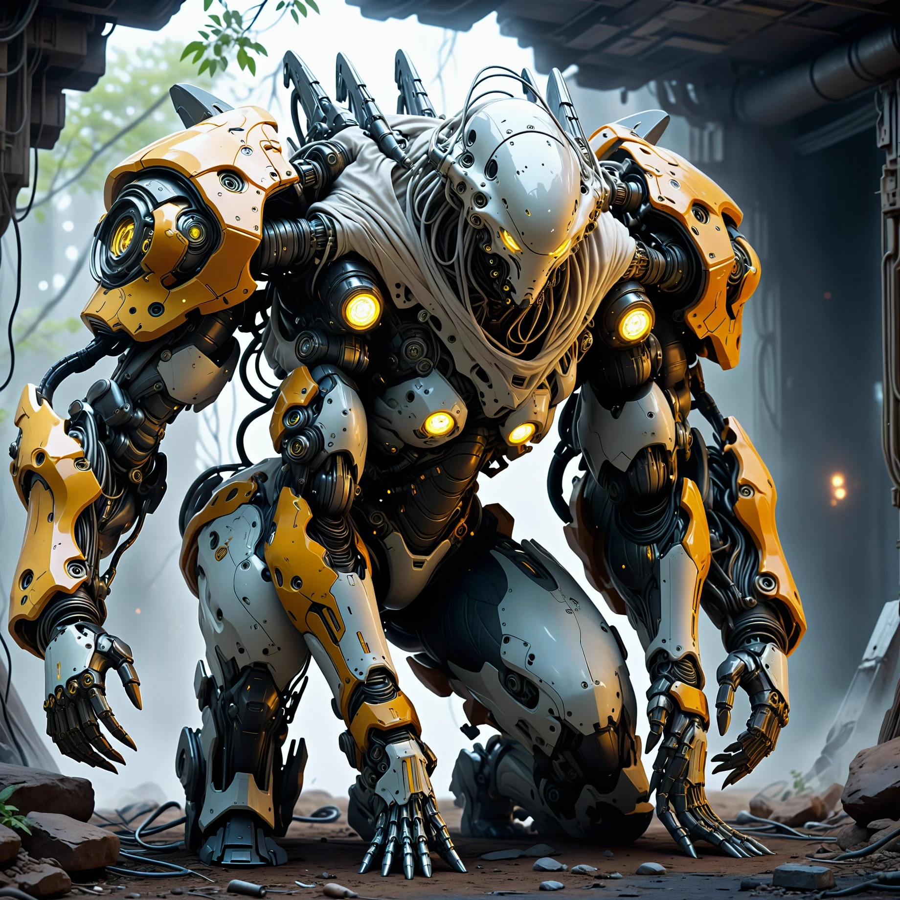 cinematic film still ethereal fantasy concept art of Power Armor, sexy woman, exoskeleton, robot, Leaning forward with hands on knees, in a listening pose, Inside an alien hive, Gravity manipulation device, altering spacetime, Power Armor, sexy woman, exoskeleton, robot, Leaning forward with hands on knees, in a listening pose, Inside an alien hive, Gravity manipulation device, altering spacetime . magnificent, celestial, ethereal, painterly, epic, majestic, magical, fantasy art, cover art, dreamy . shallow depth of field, vignette, highly detailed, high budget, bokeh, cinemascope, moody, epic, gorgeous, film grain, grainy