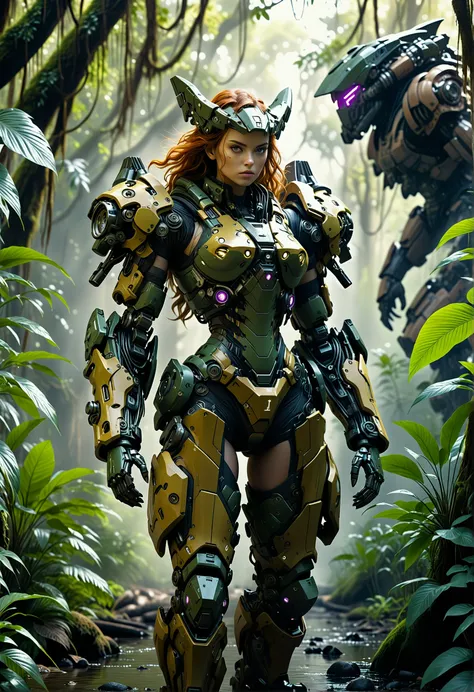 cinematic film still cinematic photo in a deep jungle, Power Armor, sexy woman, exoskeleton, robot, baroque details, fantastic, fantasy, The scene takes place in a dense jungle teeming with lush greenery and towering trees. A woman clad in futuristic power armor is seen walking amidst this natural splendor. The armor glistens under the sunlight filtering through the canopy above. Her exoskeleton . 35mm photograph, film, bokeh, professional, 4k, highly detailed . shallow depth of field, vignette, highly detailed, high budget, bokeh, cinemascope, moody, epic, gorgeous, film grain, grainy