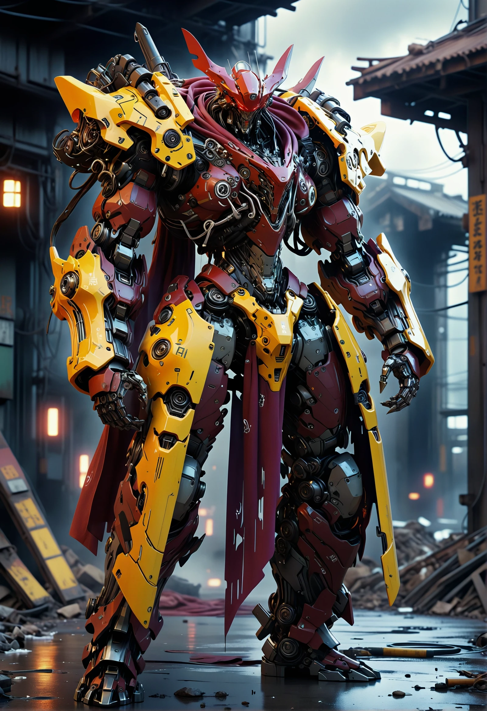Heavy Mech, robot, samurai cowboy, striking a dynamic action pose,anime artwork cinematic photo Shameful, triadic colors, Vitrail, Slimepunk, Hopeful, Gray and copper hue, Temari, soft lighting, Peaceful, Technicolor, Ribbons, buff (robot, heavy mech, power armor, exoskeleton, detailed, intricate details, futuristic:1.3) Photographer, she is wearing dark dark red evil robe tailored by Tommy Hilfiger made of spikes and scales, in dungeon, bones and skulls, deathpunk, sinister, she has Annoyed hair, Magical glowing Colored hair, Sci-Fi, Agfacolor, Simplified style, Romantic, anaglyph effect, behance HD, Dark and Gritty, Film Washi, Swirling Glass, Hopeless, Desaturated, biomorphic forms, Embarrassing, Ambrotype, rainbow swirl, Shameless, Colorful, multidimensional, Fairy-Tale, Primary Colors, Bright design, Tranquil, Autochrome, de dia los muertos, Constructivism Art, Frightening, Calotype, taiji, Confused, Offset print, Yellow splash, Fearful, Muted Colors, electric yellow background, Futuristic robot in heavy mech suit with power armor exoskeleton, showcasing intricate details of its design against a backdrop of advanced technology. The image is highly detailed and captures the essence of science fiction. . 35mm photograph, film, bokeh, professional, 4k, highly detailed . anime style, key visual, vibrant, studio anime, highly detailed