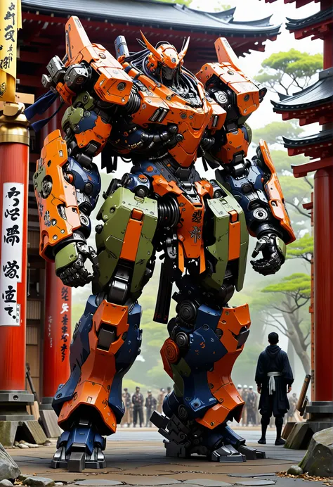 (running:1.8)manga style anime artwork standing in a shinto shrine, Heavy Mech, Power Armor, Samurai, tactical gear, advanced, futuristic, standing in a shinto shrine, Heavy Mech, Power Armor, Samurai, tactical gear, advanced, futuristic . anime style, key visual, vibrant, studio anime, highly detailed . vibrant, high-energy, detailed, iconic, Japanese comic style