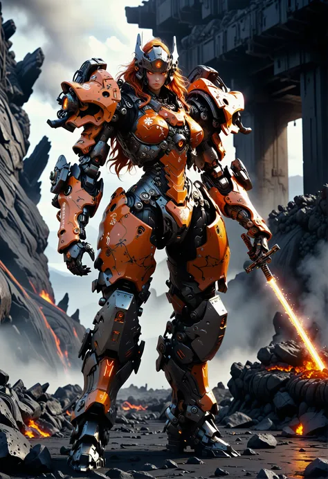 cinematic film still cinematic photo crossing a lava field, Heavy Mech, Power Armor, Samurai girl, baroque details, fantastic, fantasy, A samurai girl in full armor stands majestically atop a lava-filled battlefield. The armor is adorned with intricate baroque designs, showcasing her status as a warrior princess. Her sword gleams in anticipation of combat, reflecting off her helmet which bears her . 35mm photograph, film, bokeh, professional, 4k, highly detailed . shallow depth of field, vignette, highly detailed, high budget, bokeh, cinemascope, moody, epic, gorgeous, film grain, grainy