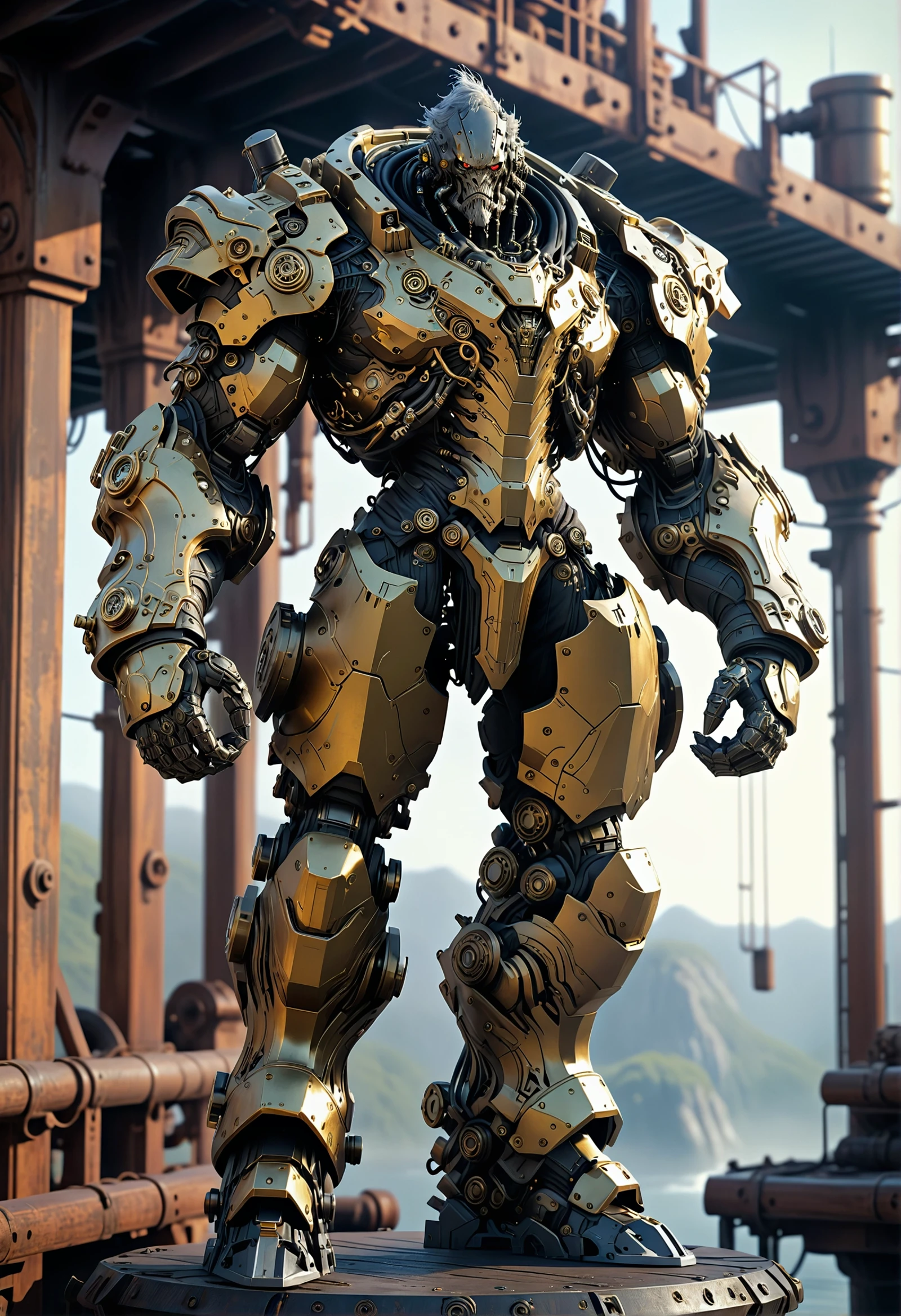 cinematic film still ethereal fantasy concept art of Power Armor, Grizzled Man with Exoskeleton, Robot, Arms crossed, looking serious, Atop a magical floating platform, Steampunk-inspired gadgetry, intricate brass details, Power Armor, Grizzled Man with Exoskeleton, Robot, Arms crossed, looking serious, Atop a magical floating platform, Steampunk-inspired gadgetry, intricate brass details . magnificent, celestial, ethereal, painterly, epic, majestic, magical, fantasy art, cover art, dreamy . shallow depth of field, vignette, highly detailed, high budget, bokeh, cinemascope, moody, epic, gorgeous, film grain, grainy