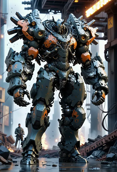 cinematic film still cinematic photo in front of a giant energy gate, Power Armor, grizzeld man, exoskelelton, robot, holding a sword, highly detailed, futuristic, In front of a towering energy gate, a rugged figure dons a suit of advanced power armor. The armor is sleek and polished, hinting at its durability and strength. A large exoskeleton extends from his back, its intricate design suggesting advanced technology. In one hand, he . 35mm photograph, film, bokeh, professional, 4k, highly detailed . shallow depth of field, vignette, highly detailed, high budget, bokeh, cinemascope, moody, epic, gorgeous, film grain, grainy