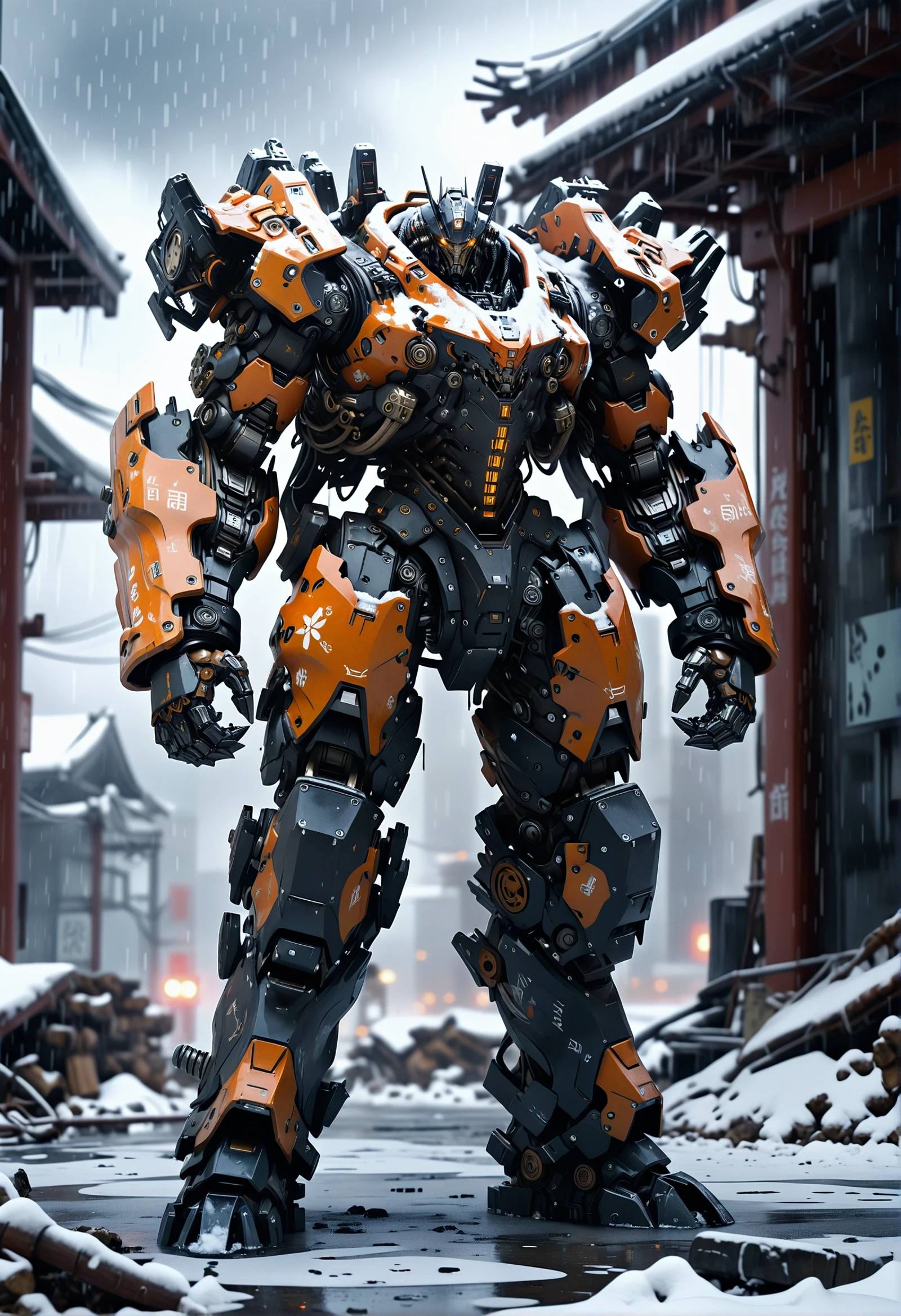 cinematic film still cinematic photo in a snow and ice storm, Heavy Mech, Power Armor, Samurai, cyberpunk, futuristic, sci-fi, intricate details, In a snowstorm, a samurai clad in power armor stands out against the backdrop of a futuristic cityscape. The heavy mech looms ominously in the background, casting long shadows on the ground below. The intricate details of the power armor reflect off its surface, hinting . 35mm photograph, film, bokeh, professional, 4k, highly detailed . shallow depth of field, vignette, highly detailed, high budget, bokeh, cinemascope, moody, epic, gorgeous, film grain, grainy